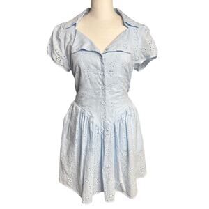 Cider Cotton Broderie Anglaise Tie Back Mini Dress - Baby Blue - S